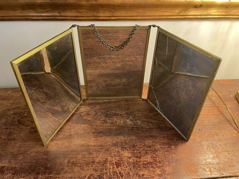 Tri-Fold Vanity Mirror Brass hanging, Standing Brass- Leather Outer Cover Cover
