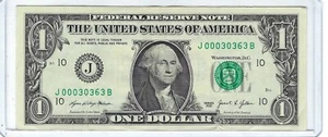 Billete de 1 dólar número de serie de lujo CÓDIGO POSTAL TRINARIO J000-30363B Atlanta, GA - Imagen 1 de 3