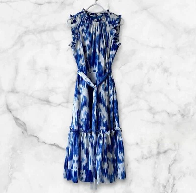 Tahari Blue White Halter Midi Dress Wmn’s Sz 8 Belted High Neck Ruffle Tiered - Image 1 of 4