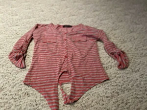 Striped girl youth top tie front shirt size S pink & gray free ship - Picture 1 of 2