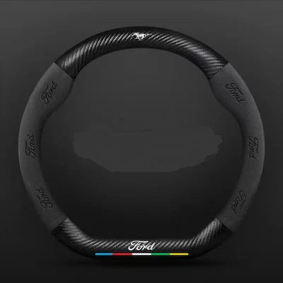 15" PU Leather+Carbon fiber Steering Wheel Cover For Ford Mustang All Cars - Image 1 of 4