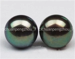 10-11mm Real Natural Black Tahitian Pearl 14K White Gold Stud Earrings - Picture 1 of 12