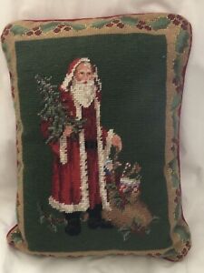 ~Vintage Wool & Velvet St Nick Santa Christmas Needlepoint & Petit point Pillow~
