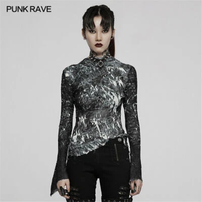 Punk Rave Para Mujer Gótico Elástico Delgado Camiseta Punk Rock Prendas para el torso Camisetas Blancas y Negras Foto 1 de 4