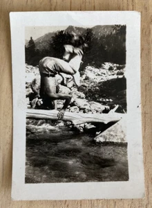 Small Vintage Black & White Photo Of Man Doing Headstand On Log Over Stream - Picture 1 of 4