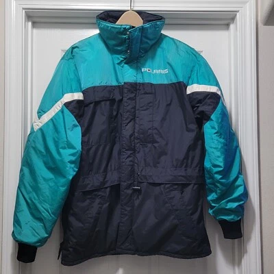 Chaqueta de moto de nieve vintage años 80 Polaris aislada azul verdoso nailon EE. UU. para hombre XL Foto 1 de 4