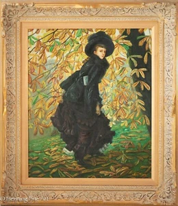 Impresionante pintura al óleo de mujer victoriana vestida de negro contra hojas amarillas - Imagen 1 de 6
