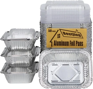 50 Pack Small 8 OZ/230ML Capacity Disposable Takeout Foil Pans with Clear Plasti - Picture 1 of 12