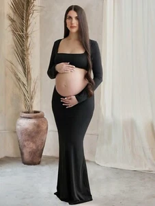 Black Long Sleeve Cut-Out Back Tummy Reveal Fitted Maternity Dress - Picture 1 of 3