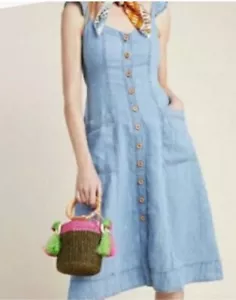 Anthropologie 18W Pilcro Linen & Denim Ruffle Trim Button Front Dress 2X NWOT - Picture 1 of 9