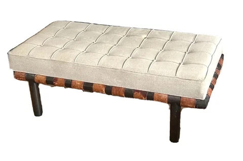 Bronze Tufted Leather Strap Bench Chair Vtg Mcm Hollywood Regency Gibbings Cover