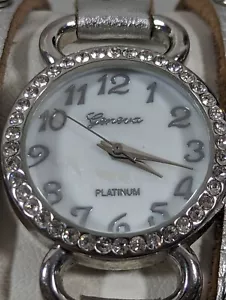 Geneva Platinum White Dial Round Crystal Accent Silver Tone Case Wrap Band Watch - Picture 1 of 7
