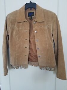JouJou Jacket Womens Small Suede Leather Fringe Western Cowgirl Button Tan S