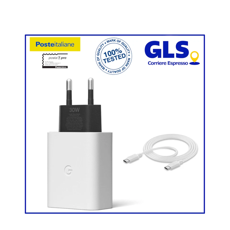 CARICA BATTERIA ORIGINALE GOOGLE 30W +CAVO USB TYPE C 1 METRO CARICATORE BIANCO - Immagine 1 di 4