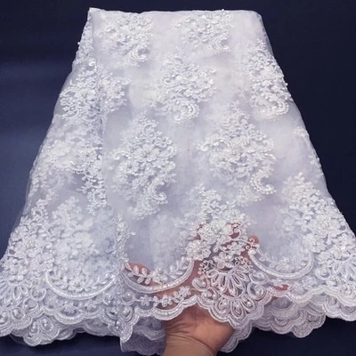 High Quality White Bridal French Lace Fabric With Pearls 5yards - Image 1 of 4
