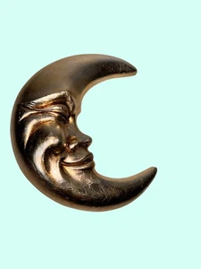 Smiling Crescent Moon Face Wall Decor 10"x7" Retro Gold Design - Picture 1 of 5