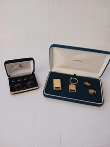 2 Vintage Herren Manschettenknöpfe Sets, Josten und Raffles Smoking Schwarz & Gold - Bild 1 von 12