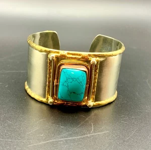 Vintage Bracelet Tri-Tone Copper Brass Silver Tone Faux Turquoise 1.25" W Cuff - Picture 1 of 7