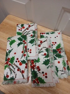 Weihnachten Servietten Stechpalmenblätter und Beeren 4er Set EUC Stoff Tischservietten 17 Zoll - Bild 1 von 6
