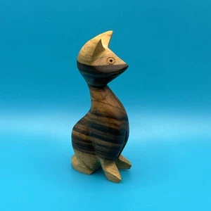 Vintage Hand Carved Wood Striped Sitting Kitty Cat MCM Figure 4” Mod - Bild 1 von 12