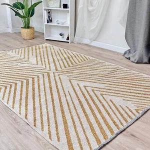 Alfa Rich Geometric Cream Gold Washable Area Rugs for Living Room Bedroom - Picture 1 of 64