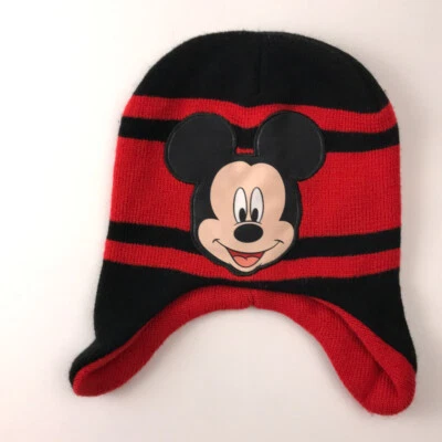 Mickey Mouse Black Red Stripe Ear Flap Warm Winter Hat - Image 1 of 4