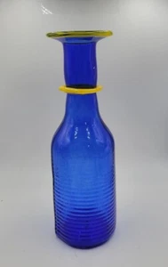 Tall Ribbed Cobalt Blue Wheaton Village Glass Bottle With Applied Yellow Ring - Picture 1 of 8