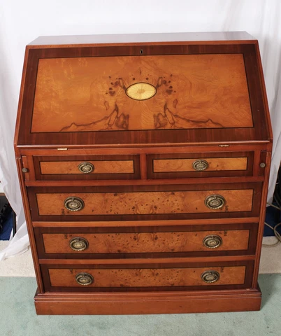 Vintage Burl Inlaid Wood Drop Front Desk And Chest Cover
