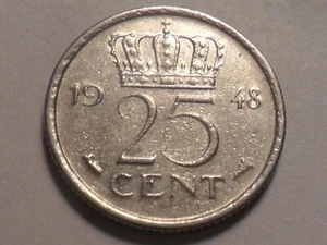 1948 NICE NETHERLANDS NICKEL 25 CENT KM#178 MINTAGE 32,000,000!! - Picture 1 of 2