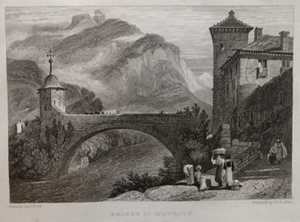 Stampa antica veduta Ponte  Saint Maurice Canton Vallese Svizzera Prout 1830 - Imagen 1 de 2