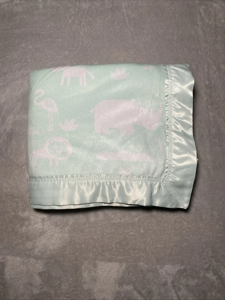 Mint Green Baby Blanket Rhino Lion Monkey Flamingo Satin Trim Reversible White - Image 1 of 4
