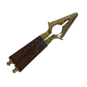 Vintage Mid-century Asian India Brass & Carved Wood Handheld Nutcracker - Picture 1 of 4
