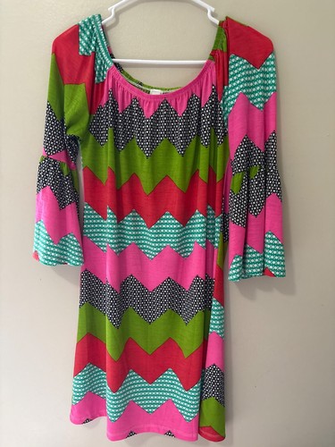 VETEMENTS R.Rouge USA Abito boho stampa geometrica maniche a campana con volant a 3 4 taglia M