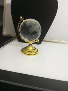 Vintage Miniature Desktop Globe Etched Glass And Brass Paperweight 5" Tall - Picture 1 of 5