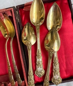 Antique French Sterling Silver Vermeil Teaspoon Set of 6 in Box Minerva Mark 19C - Picture 1 of 6