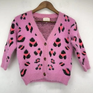 Hannah Banana size 7 Girls Pink Leopard Fuzzy Button Up V-neck Cardigan Sweater - Picture 1 of 6