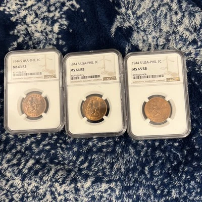 1944 S Philippines 1 Centavo, NGC MS 65 RB, Red-Brown,  Three Coins  MS63 64 65 - Image 1 of 4