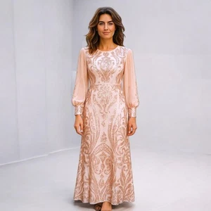 Rose Gold Long Formal Wedding Gown Womens Size 12 Sequin Trane Lined Open Sleeve - Picture 1 of 20