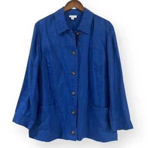 J. Jill Love Linen Womens XL Blue 100% Linen Jacket Shacket Pockets Button READ - Picture 1 of 10