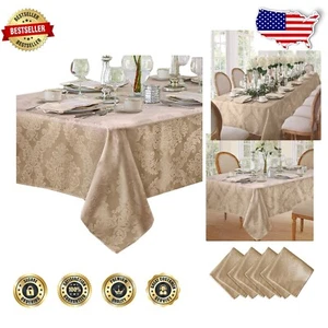 Heavyweight Golden Beige Damask Tablecloth 70" x 144" - No Iron, Soil Resistant - Picture 1 of 9