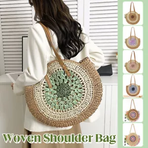 Mujeres Bolso de Mano Étnico Redondo Paja Tejido Playa Axilas Bolsos de Hombro Verano - Imagen 1 de 25