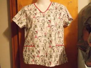 BRAND NEW LADY'S  SCRUB STAR V' NECK  2 POCKET SCRUB TOP w/ YOUNG  GIRL DESIGN - Picture 1 of 3