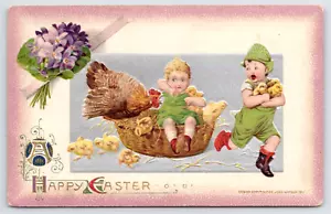 1911 John Winsch - Happy Easter - Children Stealing Chicks, Angry Hen Postcard - Picture 1 of 5
