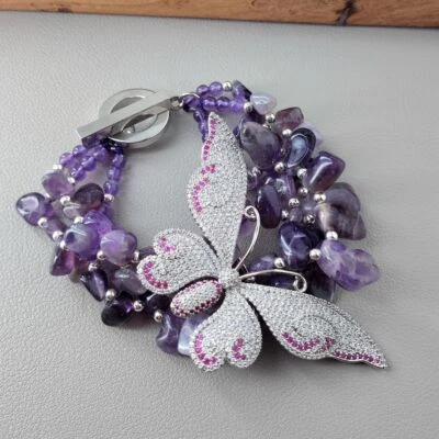 Pulsera de 3 hebras de amatista púrpura con cuentas circonita pavé mariposa encanto Foto 1 de 4