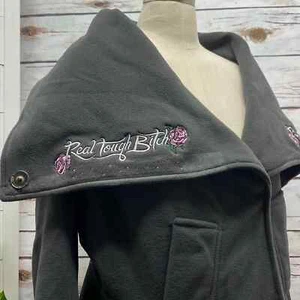 RTB Real Tough Bitch Grey Fleece Jacket Coat Asymmetrical Embroidered Custom MED - Picture 1 of 9