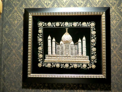 Textile ART Architectural Taj Mahal Embroidery Metallic Gold Zardozi Shadow Fram - Image 1 of 4