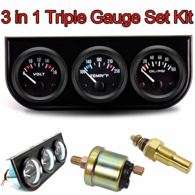 52mm 3 in 1 Car Volt Meter Water Temp Gauge Oil Pressure Gauge Triple Meter Kit - Image 1 of 4