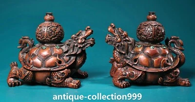6" Old Red Copper Inlay Gems Dragon Turtle Gourd Incense Burner Censer Pair - Image 1 of 4