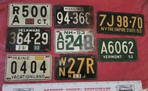 Eight Vintage 1953 Mini Replica License Plate Lot NY NJ NH Ct Mass quaker oats - Picture 1 of 2