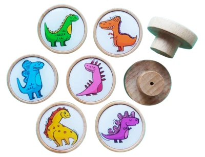 SET of 6  Design Print Wooden KNOBS handle drawer cupboard furniture Dinosaurs - Image 1 of 3